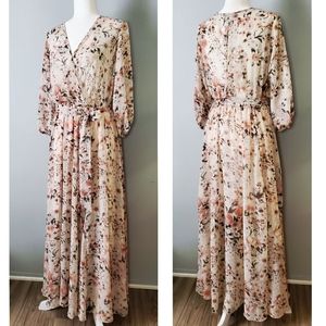 Kate and Lily | Floral V Neckline Waist Tie Chiffon Maxi Dress